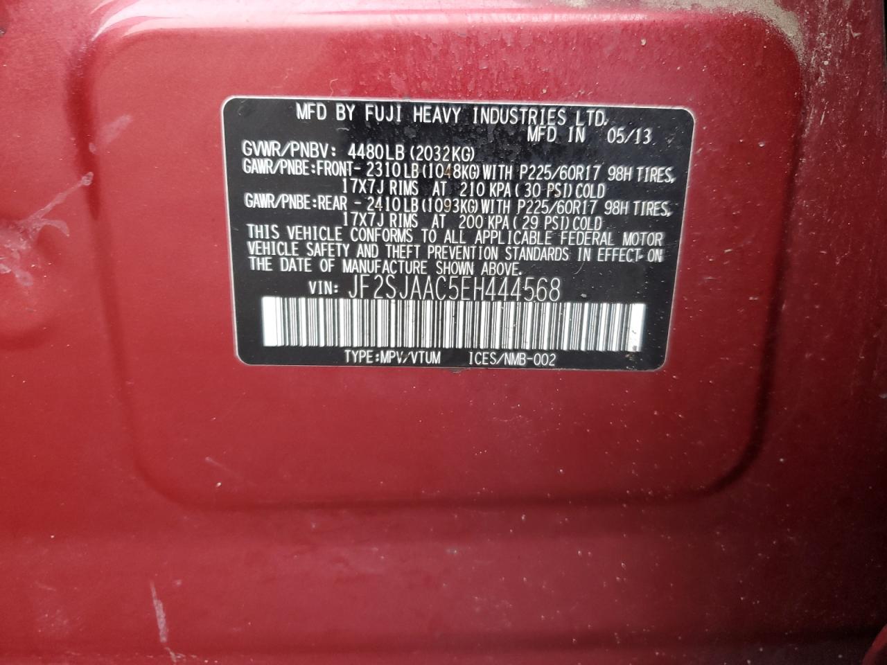 2014 Subaru Forester VIN JF2SJAAC5EH444568 Copart auction photo, undercarriage damage thumbnail 14
