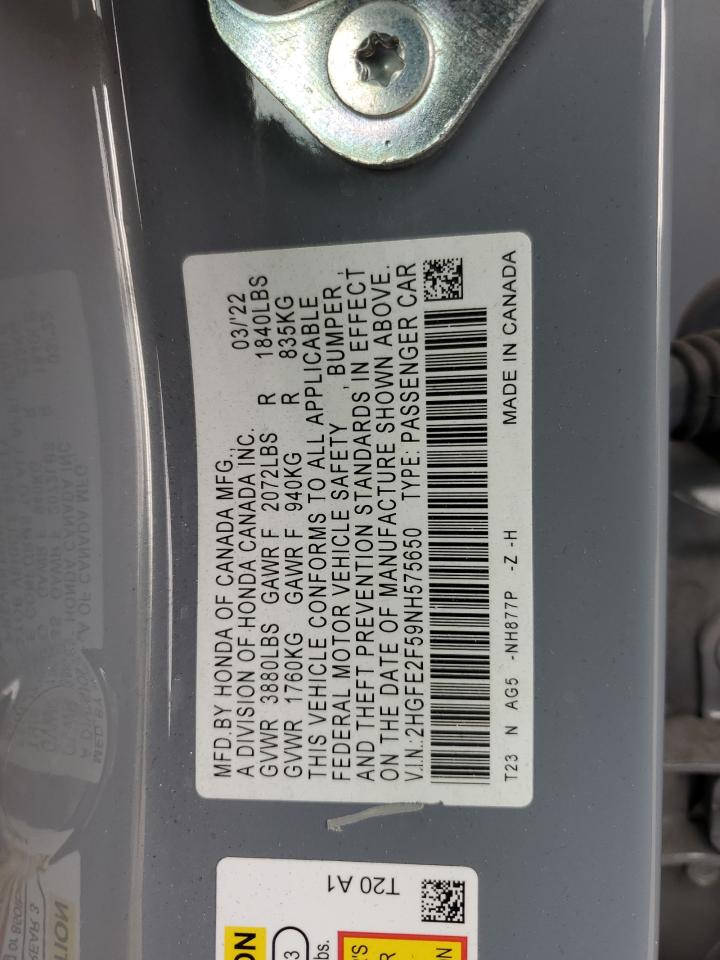 2022 Honda Civic VIN 2HGFE2F59NH575650 Copart auction photo, front end / side damage thumbnail 15