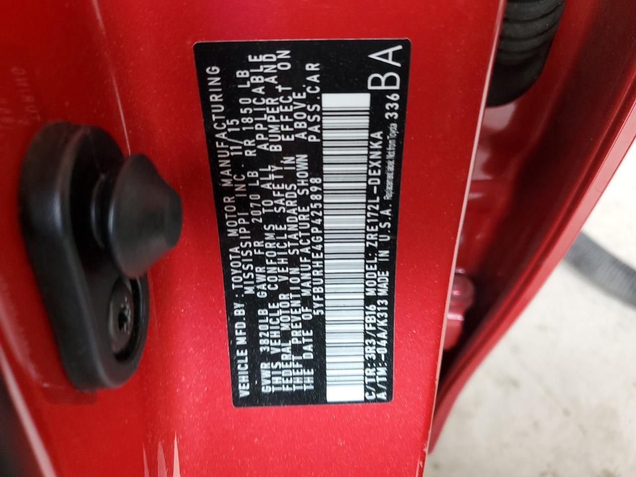 2016 Toyota Corolla VIN 5YFBURHE4GP425898 Copart auction photo, front end / rear end damage thumbnail 12