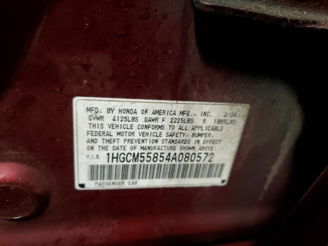 2004 Honda Accord VIN 1HGCM55854A080572 Copart auction photo, front end / side damage thumbnail 12