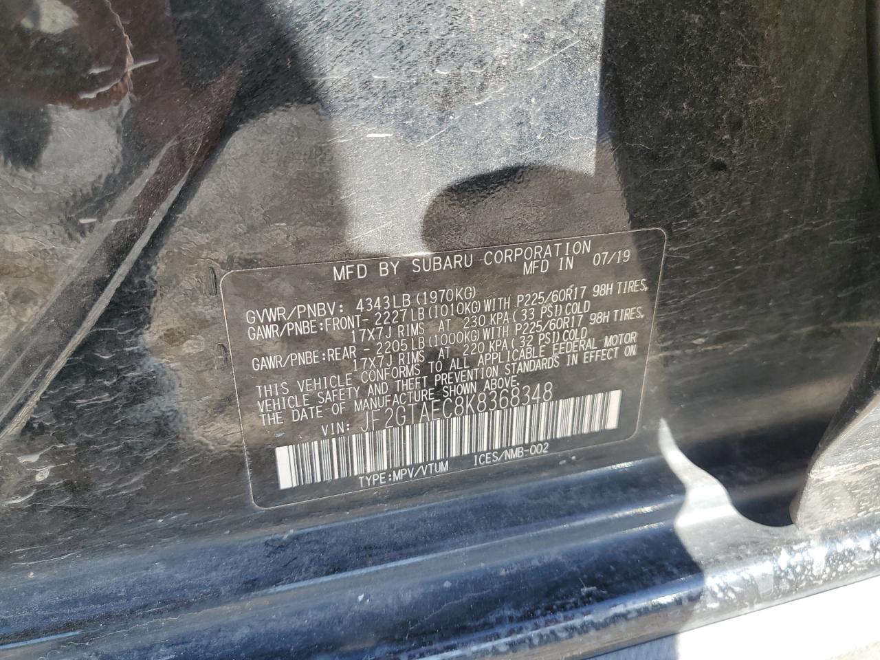 2019 Subaru XV VIN JF2GTAEC8K8368348 Copart auction photo, front end / mechanical damage thumbnail 15