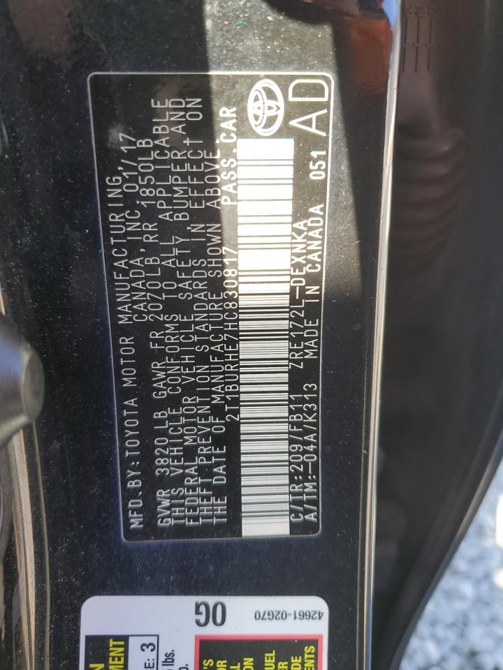 2017 Toyota Corolla VIN 2T1BURHE7HC830817 Copart auction photo, front end damage thumbnail 12