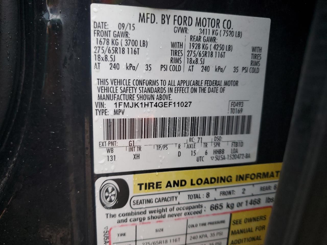2016 Ford Expedition VIN 1FMJK1HT4GEF11027 Copart auction photo, rear end damage thumbnail 14