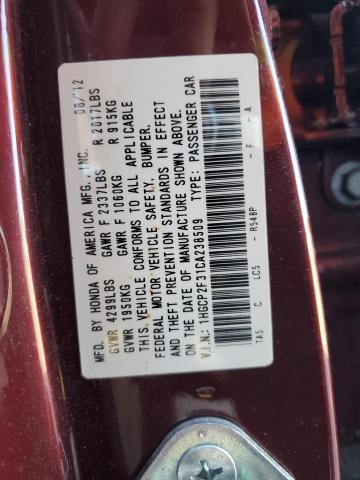 2012 Honda Accord VIN 1HGCP2F31CA238509 Copart auction photo, front end / side damage thumbnail 13