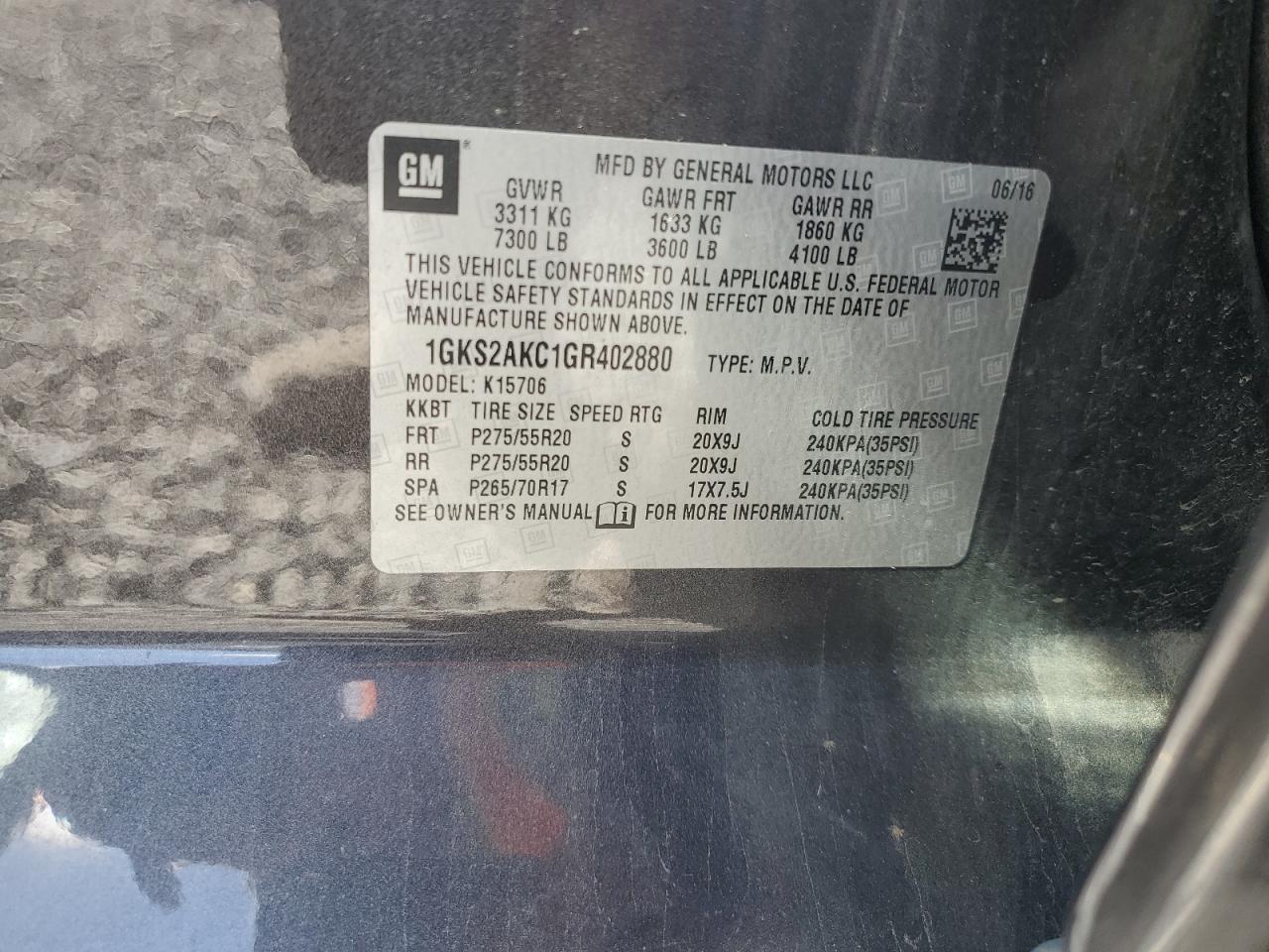 2016 GMC Yukon VIN 1GKS2AKC1GR402880 Copart auction photo, rear end / side damage thumbnail 14