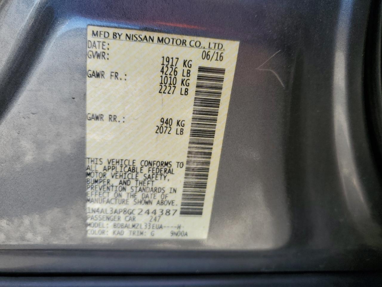 2016 Nissan Altima VIN 1N4AL3AP8GC244387 Copart auction photo, rear end damage thumbnail 14