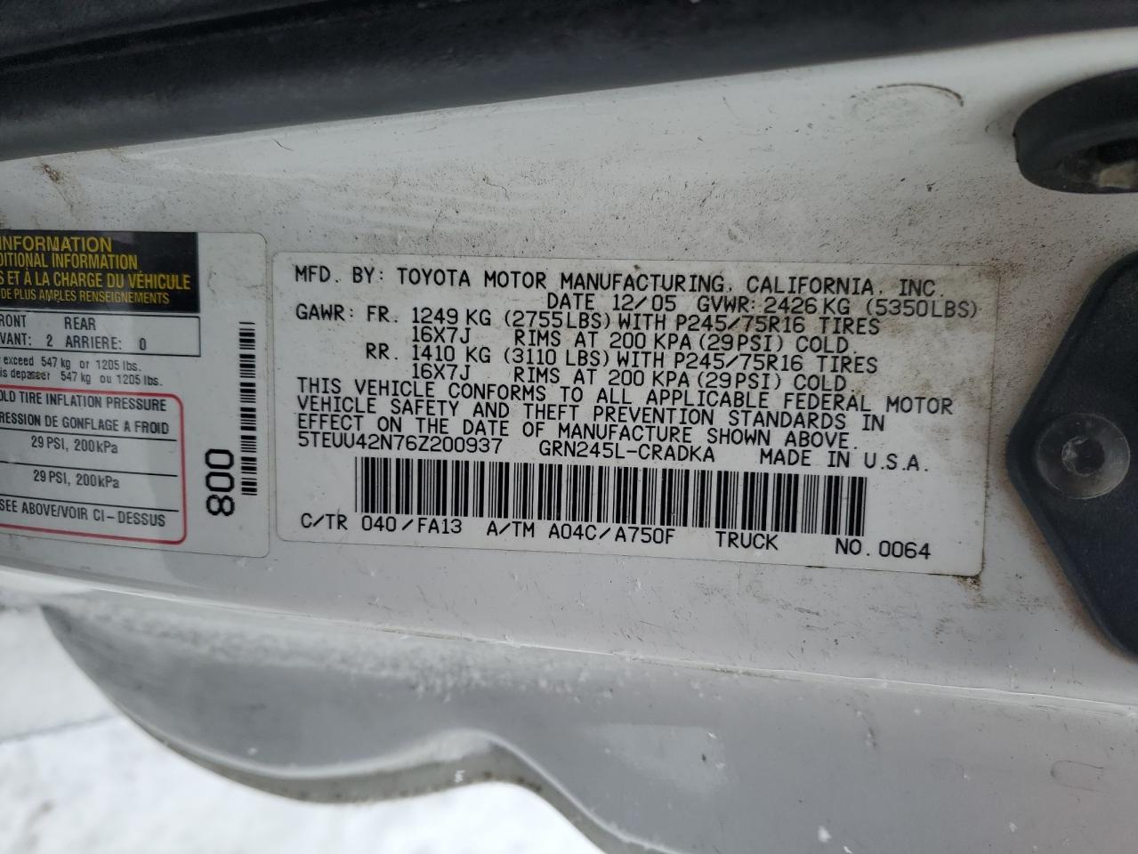2006 Toyota Tacoma VIN 5TEUU42N76Z200937 Copart auction photo, rollover damage thumbnail 12