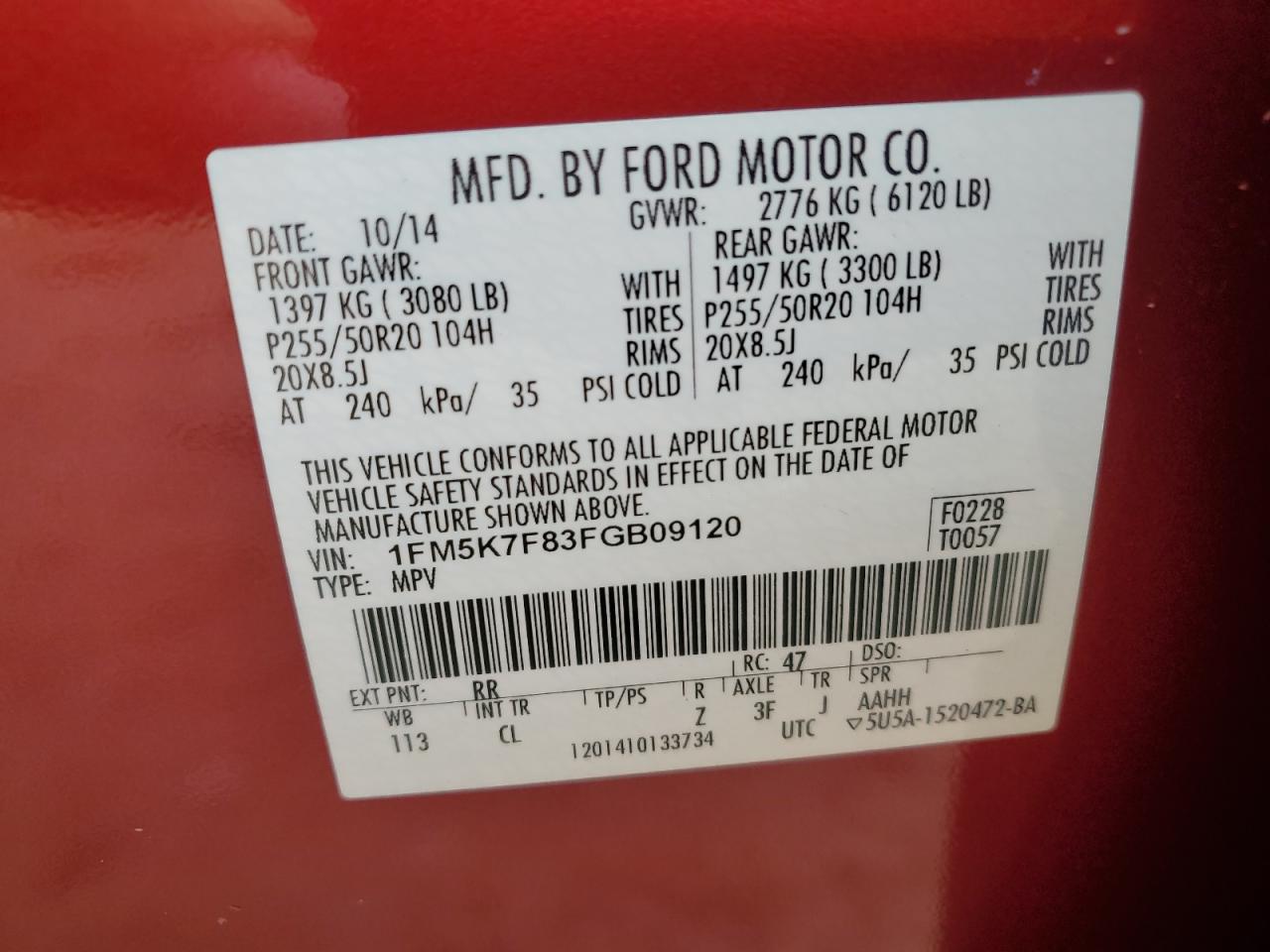 2015 Ford Explorer VIN 1FM5K7F83FGB09120 Copart auction photo, side / rear end damage thumbnail 13