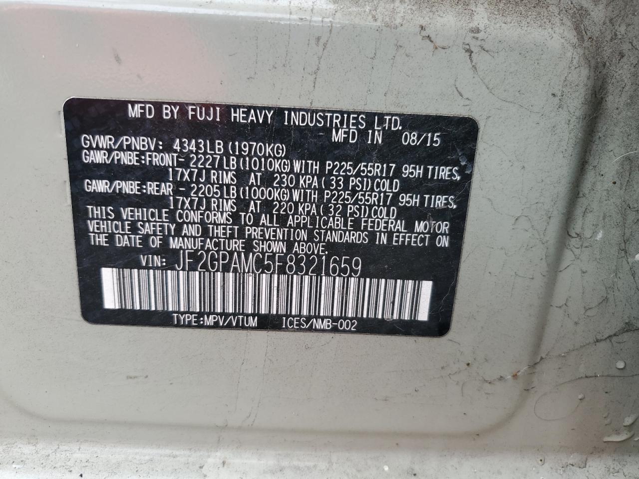 2015 Subaru XV VIN JF2GPAMC5F8321659 Copart auction photo, all over damage thumbnail 12