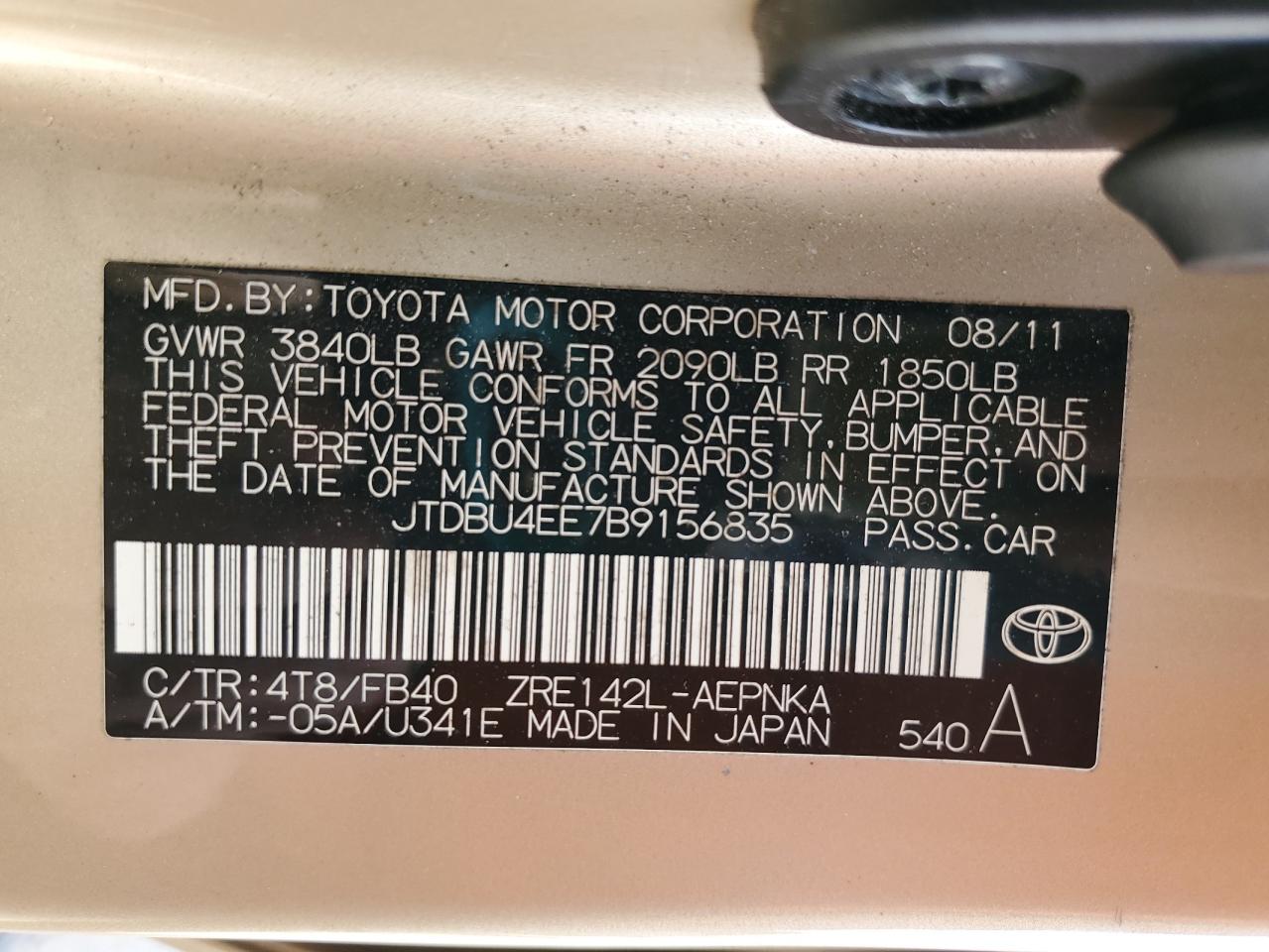 2011 Toyota Corolla VIN JTDBU4EE7B9156835 Copart auction photo, front end / rear end damage thumbnail 12