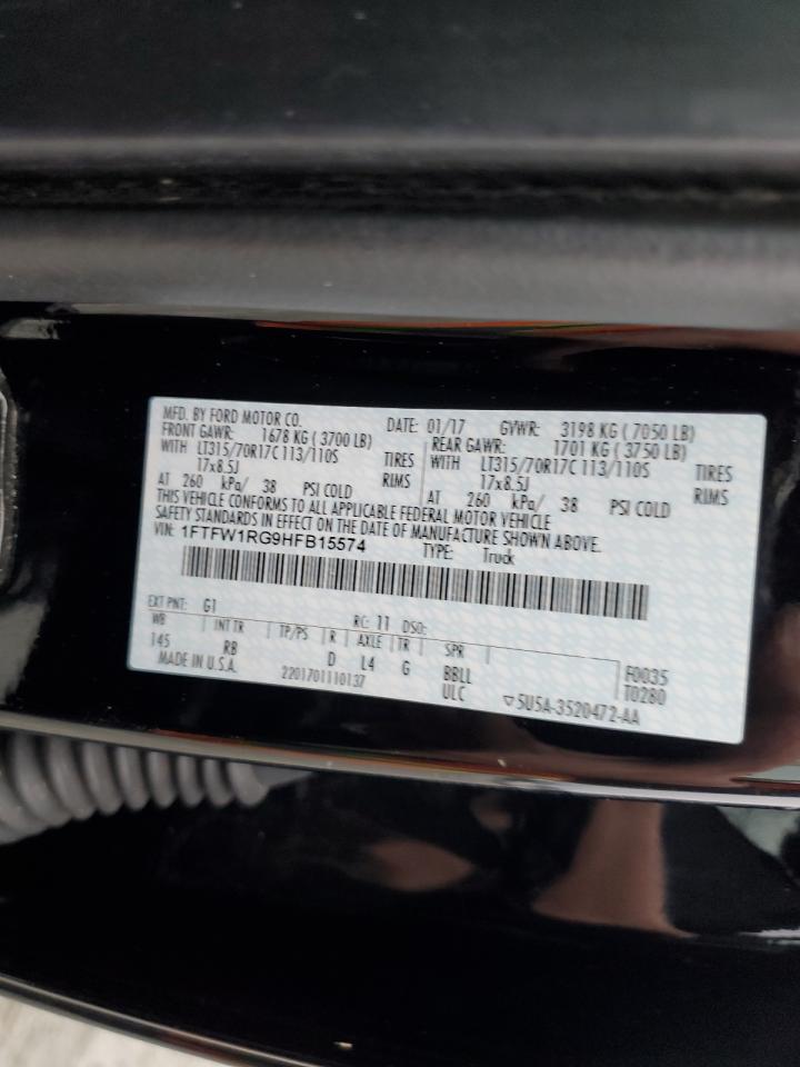 2017 Ford F-150 VIN 1FTFW1RG9HFB15574 Copart auction photo, rear end damage thumbnail 12