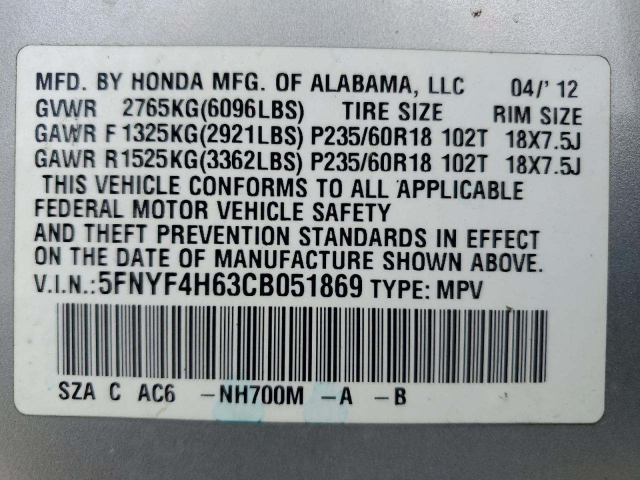 2012 Honda Pilot VIN 5FNYF4H63CB051869 Copart auction photo, rear end / minor dent/scratches damage thumbnail 15