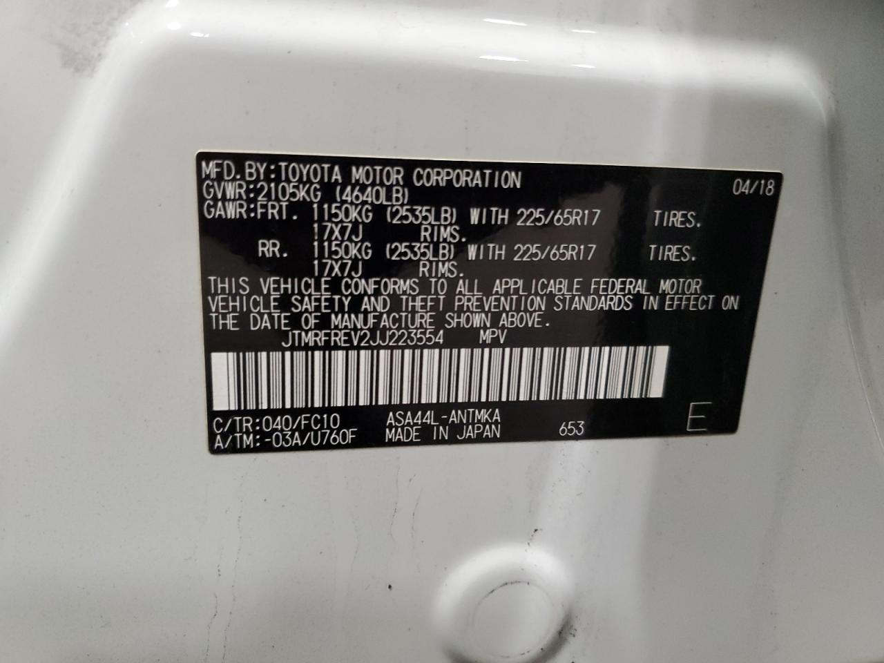 2018 Toyota RAV 4 VIN JTMRFREV2JJ223554 Copart auction photo, front end damage thumbnail 15