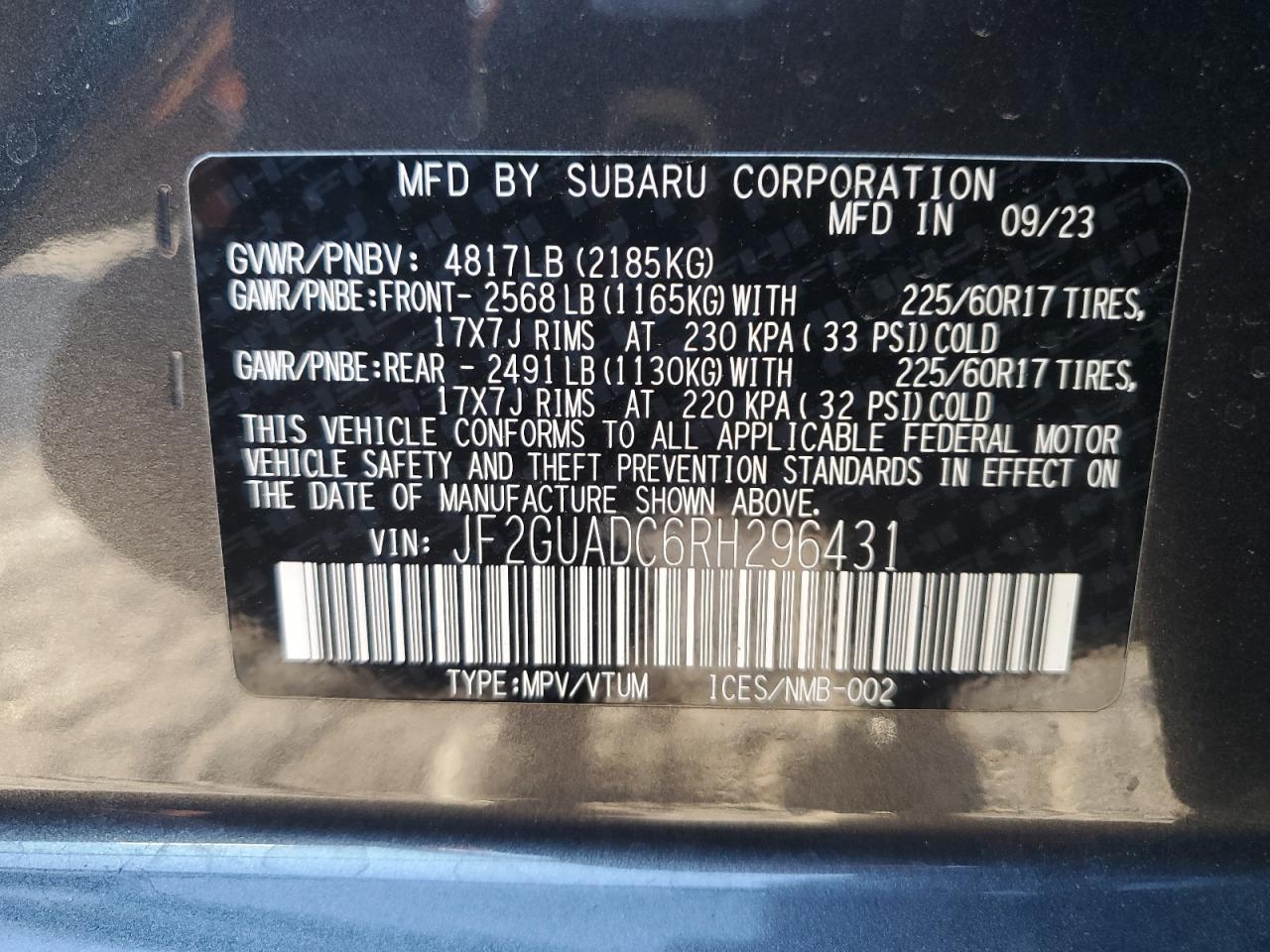 2024 Subaru XV VIN JF2GUADC6RH296431 Copart auction photo, all over damage thumbnail 12