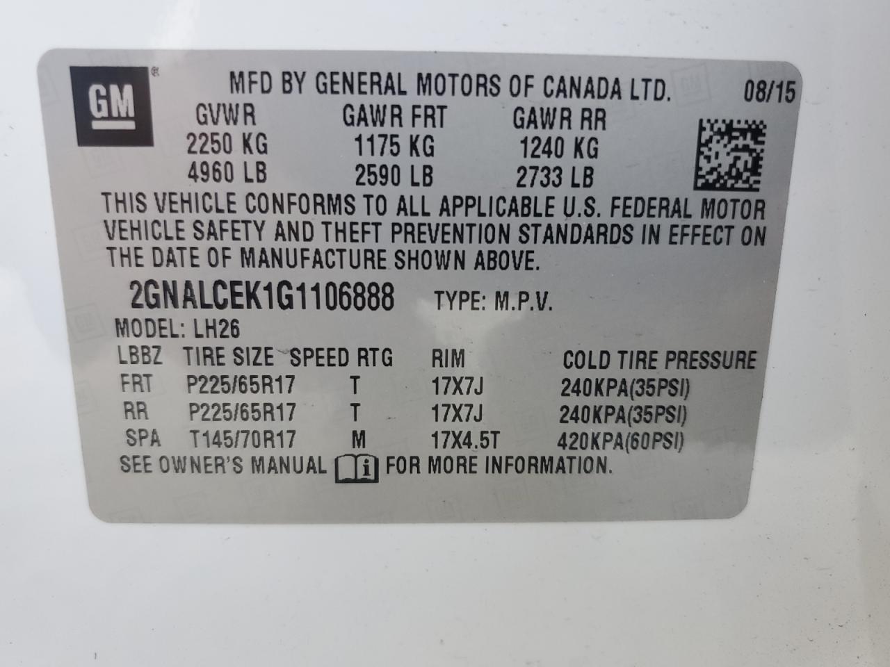 2016 Chevrolet Equinox VIN 2GNALCEK1G1106888 Copart auction photo, minor dent/scratches damage thumbnail 13