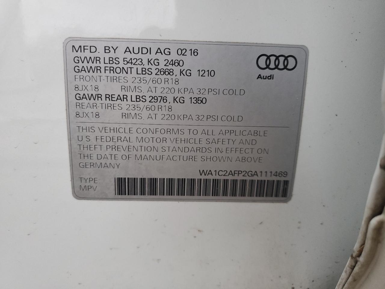 2016 Audi Q5 VIN WA1C2AFP2GA111469 Copart auction photo, side damage thumbnail 14