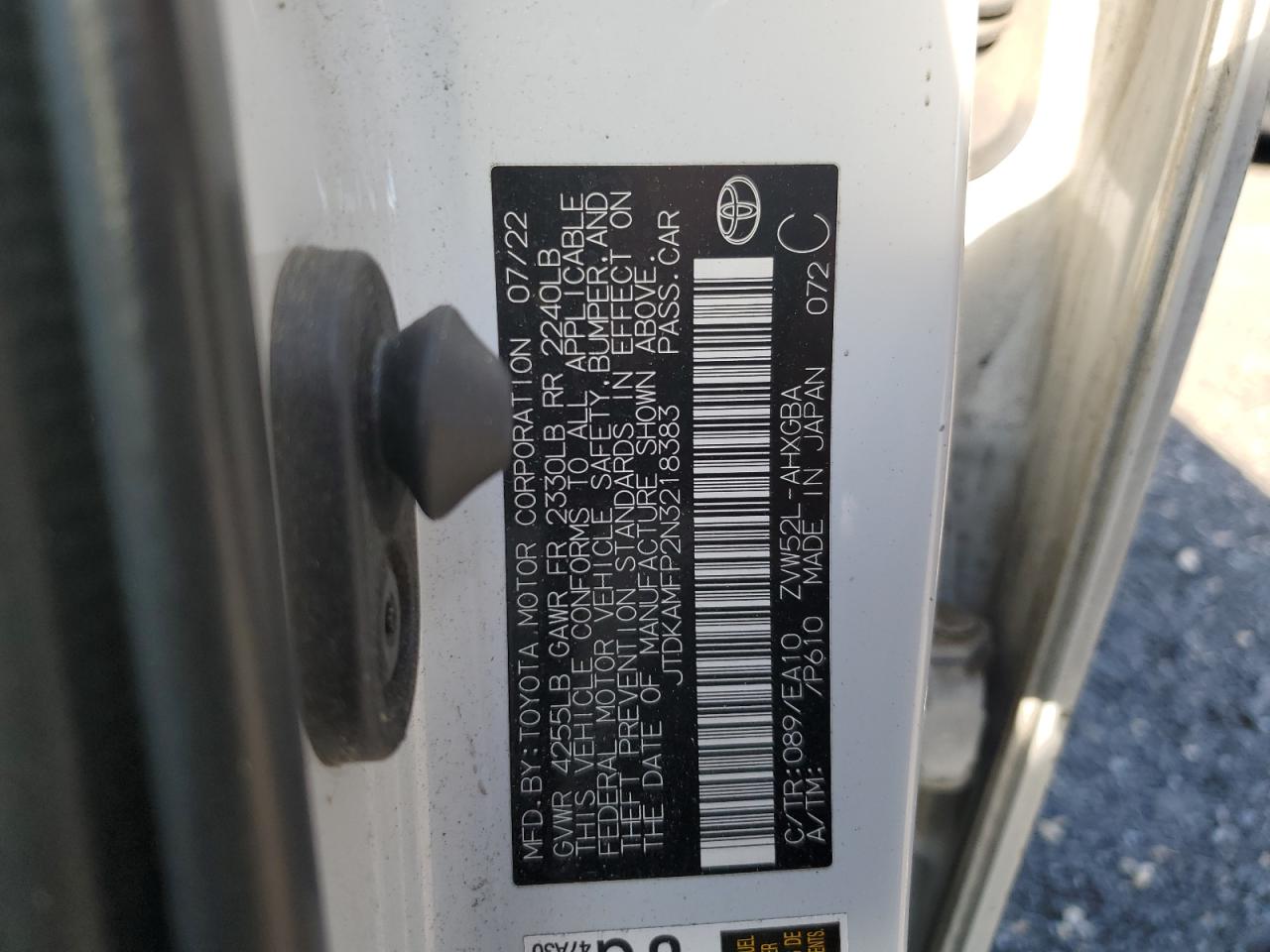 2022 Toyota Prius VIN JTDKAMFP2N3218383 Copart auction photo, front end damage thumbnail 12