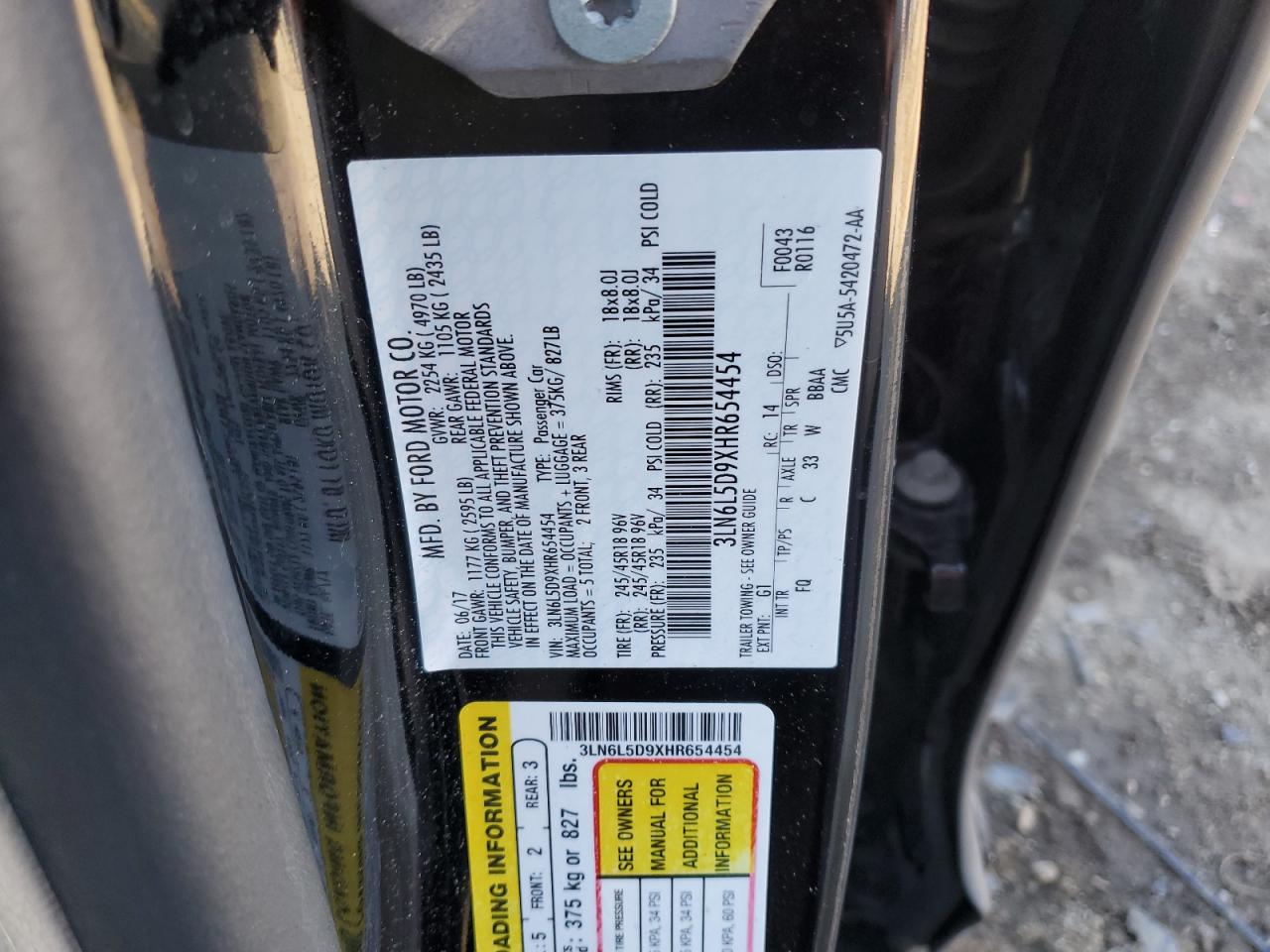 2017 Lincoln MKZ VIN 3LN6L5D9XHR654454 Copart auction photo, front end damage thumbnail 12