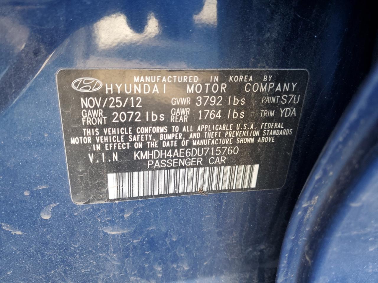 2013 Hyundai Elantra VIN KMHDH4AE6DU715760 Copart auction photo, side / vandalism damage thumbnail 12
