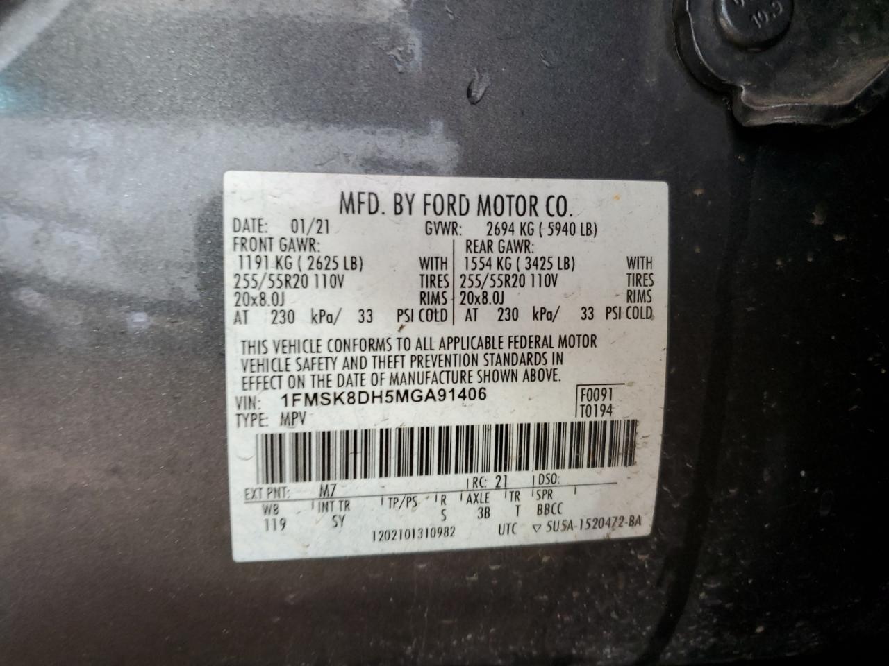 2021 Ford Explorer VIN 1FMSK8DH5MGA91406 Copart auction photo, front end damage thumbnail 14