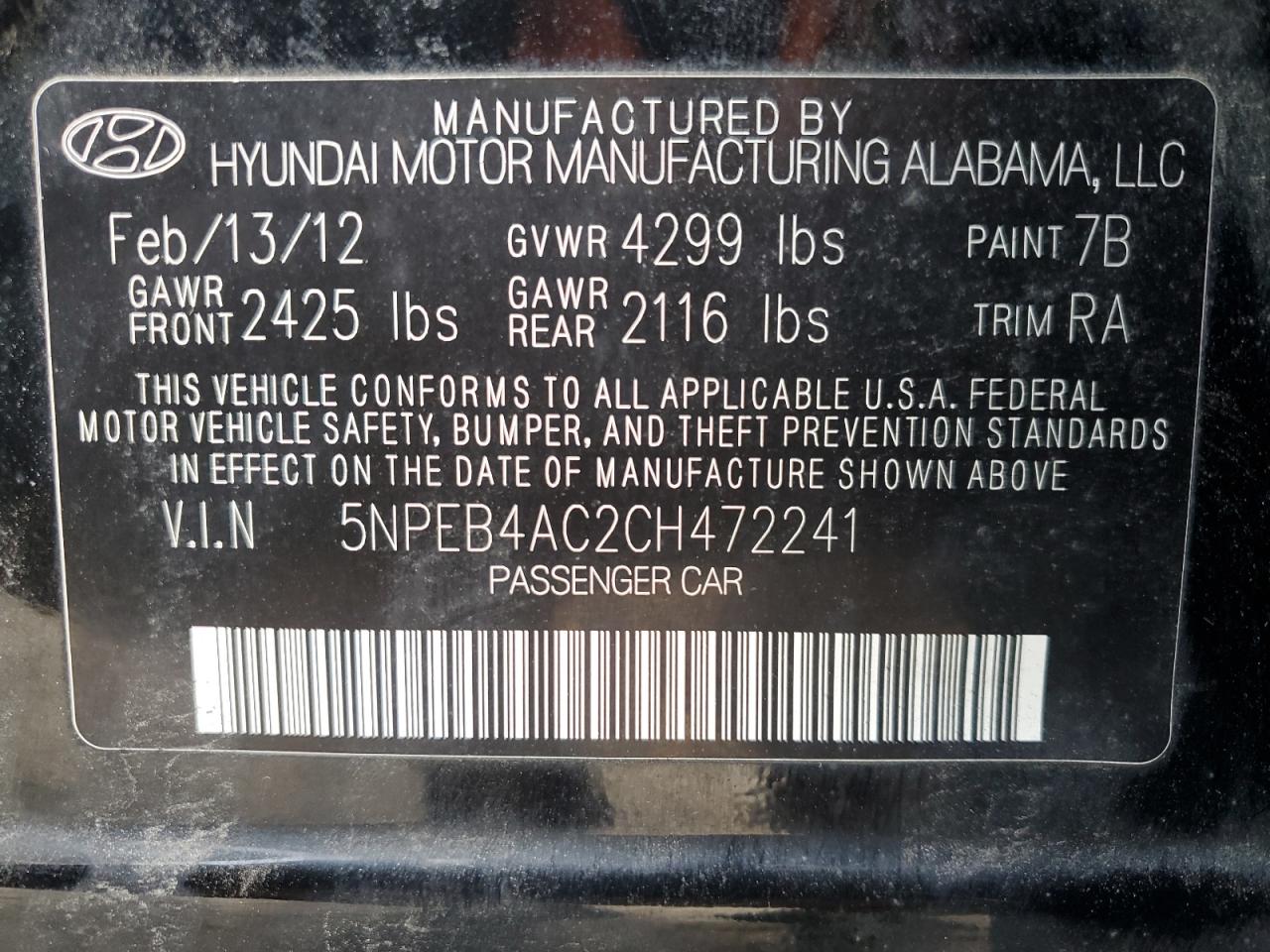 2012 Hyundai Sonata VIN 5NPEB4AC2CH472241 Copart auction photo, rear end damage thumbnail 15