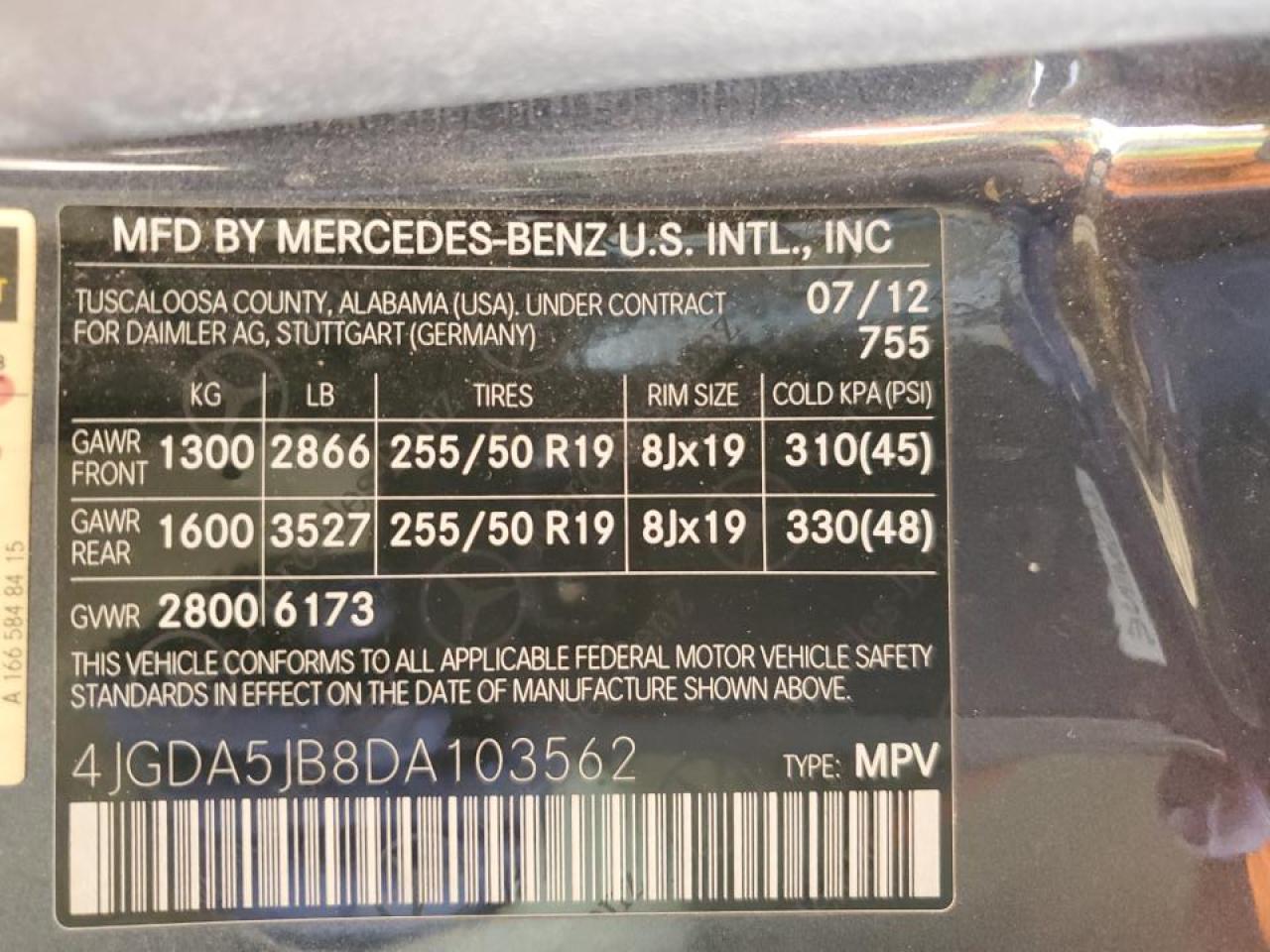 2013 Mercedes-Benz M-klasse VIN 4JGDA5JB8DA103562 Copart auction photo, front end / side damage thumbnail 15