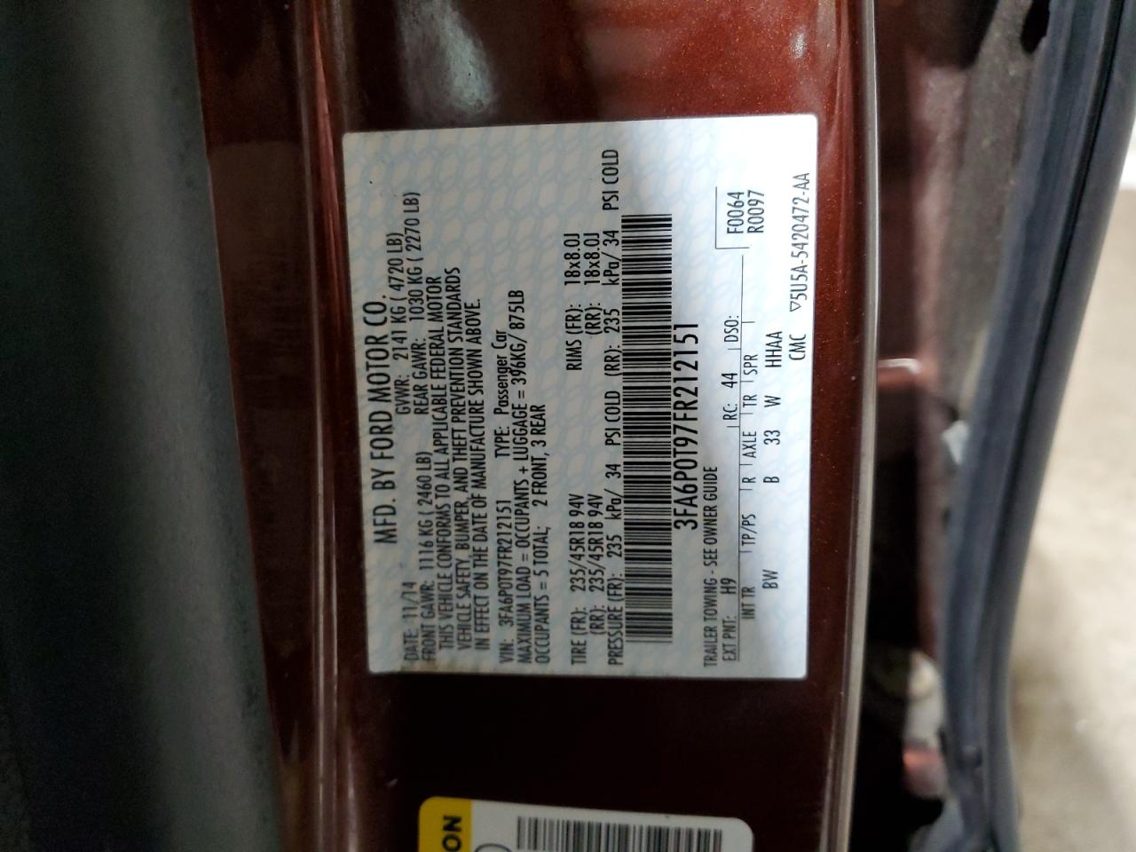 2015 Ford Fusion VIN 3FA6P0T97FR212151 Copart auction photo, front end damage thumbnail 12