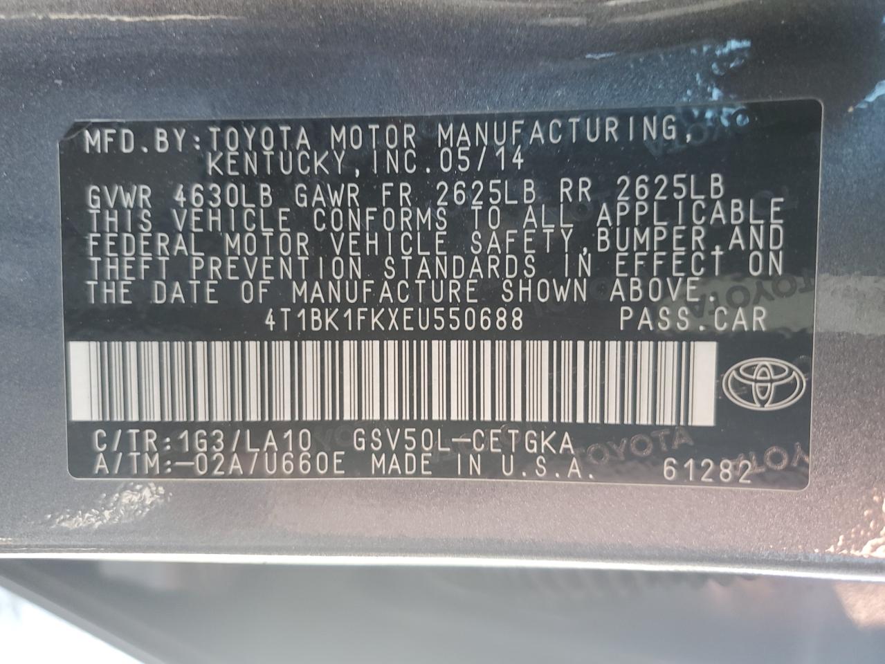 2014 Toyota Camry VIN 4T1BK1FKXEU550688 Copart auction photo, all over damage thumbnail 14