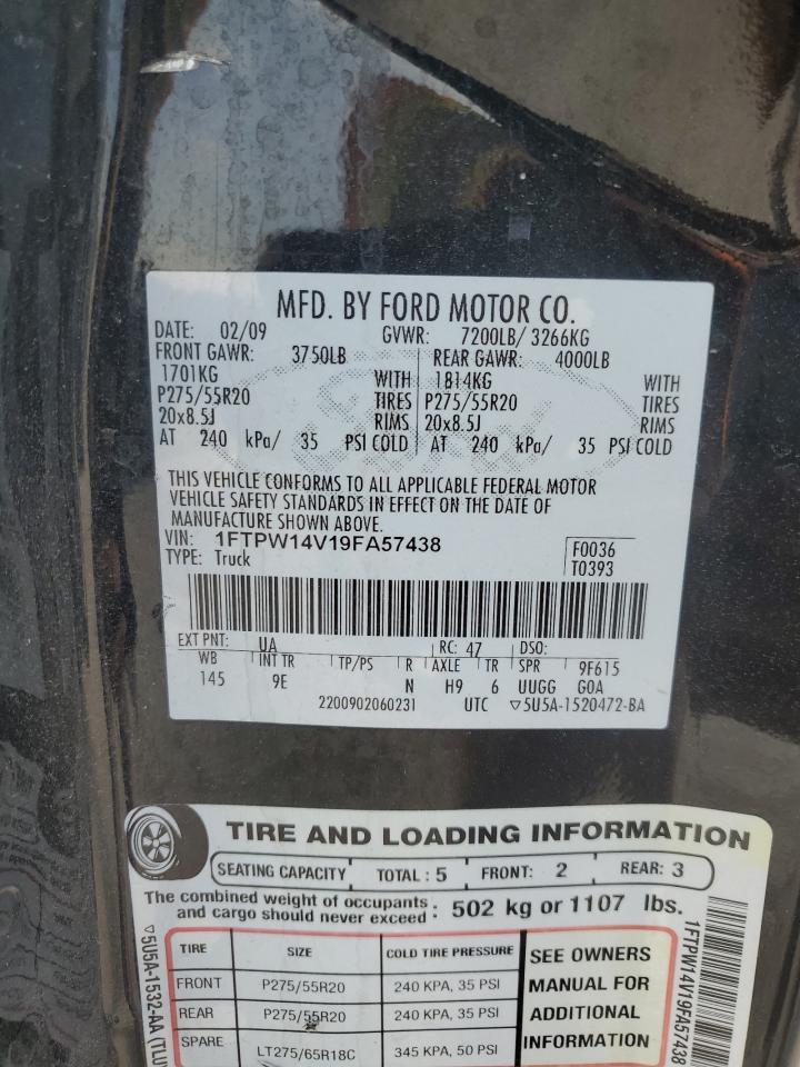 2009 Ford F-150 VIN 1FTPW14V19FA57438 Copart auction photo, side damage thumbnail 12