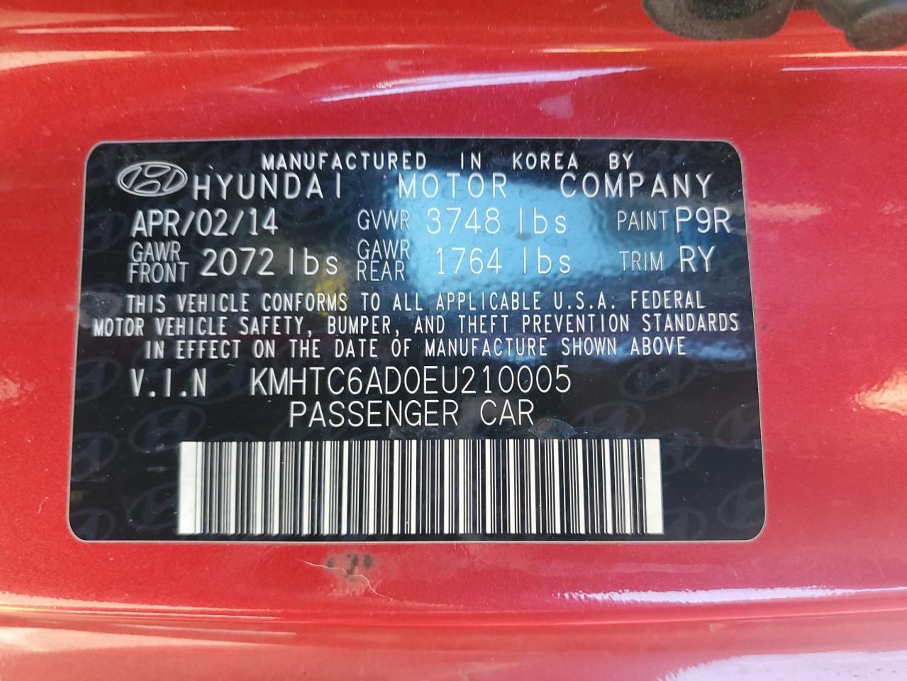 2014 Hyundai Veloster VIN KMHTC6AD0EU210005 Copart auction photo, front end / rear end damage thumbnail 14
