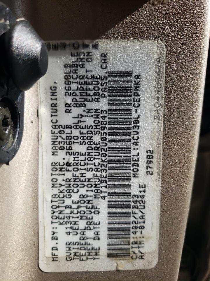 2002 Toyota Camry VIN 4T1BE32K02U059843 Copart auction photo, water/flood damage thumbnail 13