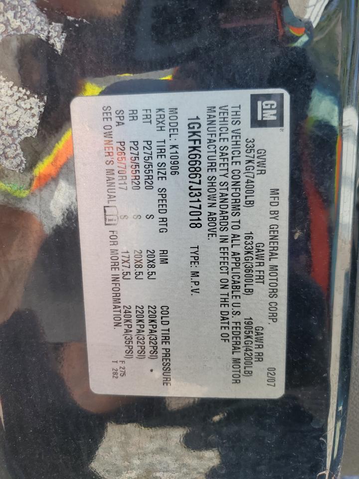 2007 GMC Yukon VIN 1GKFK66867J317018 Copart auction photo, normal wear damage thumbnail 13