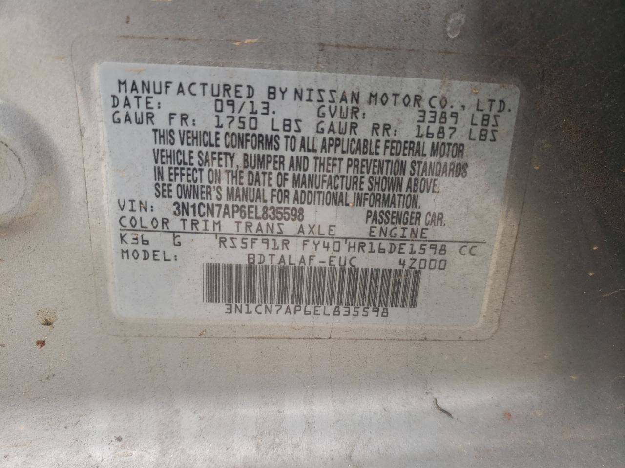 2014 Nissan Versa VIN 3N1CN7AP6EL835598 Copart auction photo, front end / minor dent/scratches damage thumbnail 14