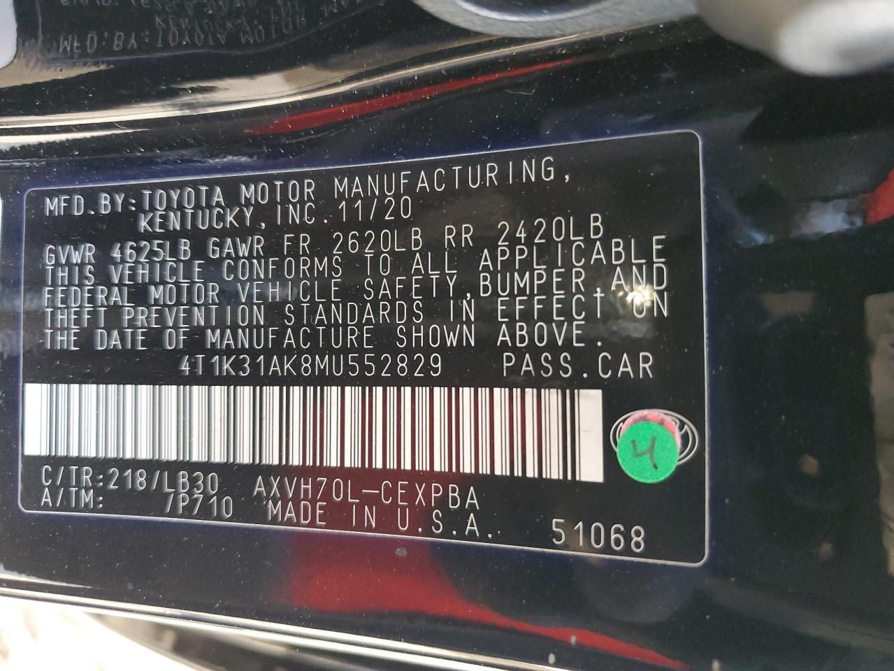 2021 Toyota Camry VIN 4T1K31AK8MU552829 Copart auction photo, front end / side damage thumbnail 15