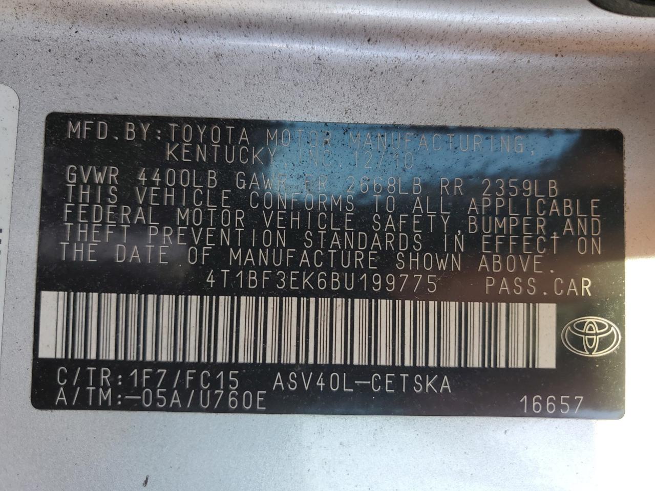 2011 Toyota Camry VIN 4T1BF3EK6BU199775 Copart auction photo, front end damage thumbnail 12