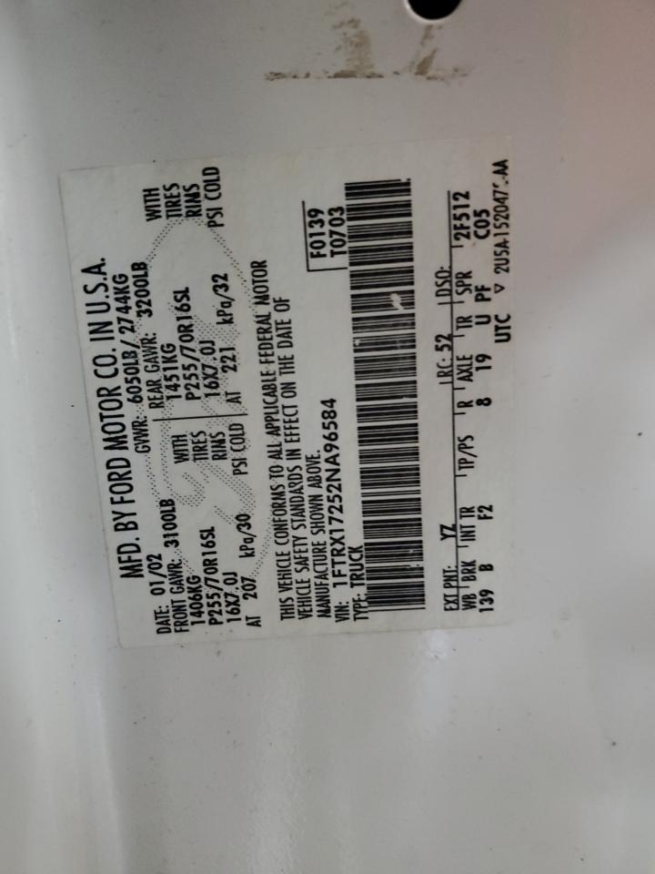 2002 Ford F-150 VIN 1FTRX17252NA96584 Copart auction photo, front end / minor dent/scratches damage thumbnail 13