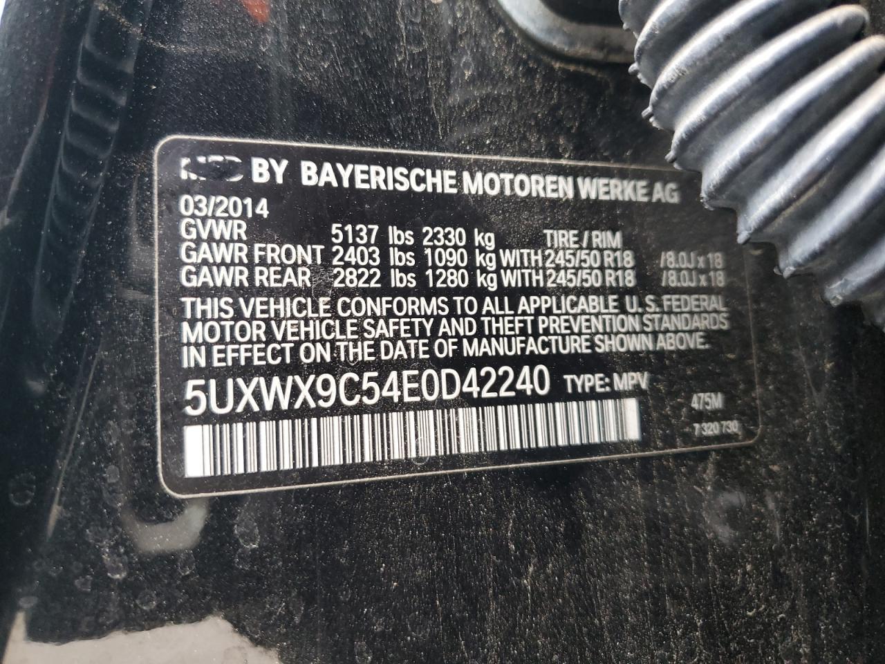 2014 BMW X3 VIN 5UXWX9C54E0D42240 Copart auction photo, rear end damage thumbnail 13