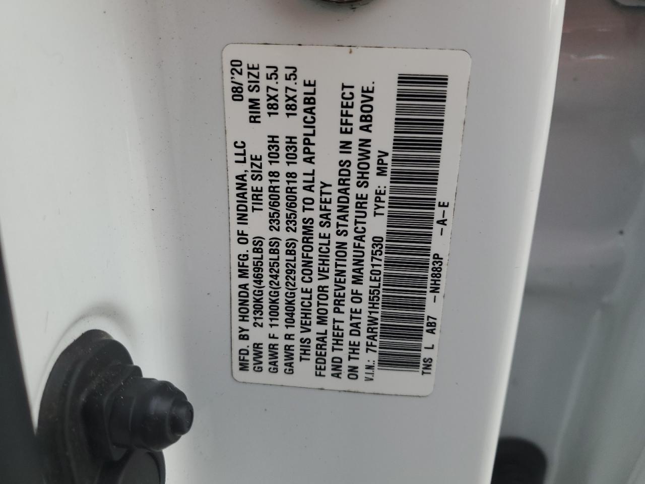 2020 Honda CR-V VIN 7FARW1H55LE017530 Copart auction photo, front end / hail damage thumbnail 13