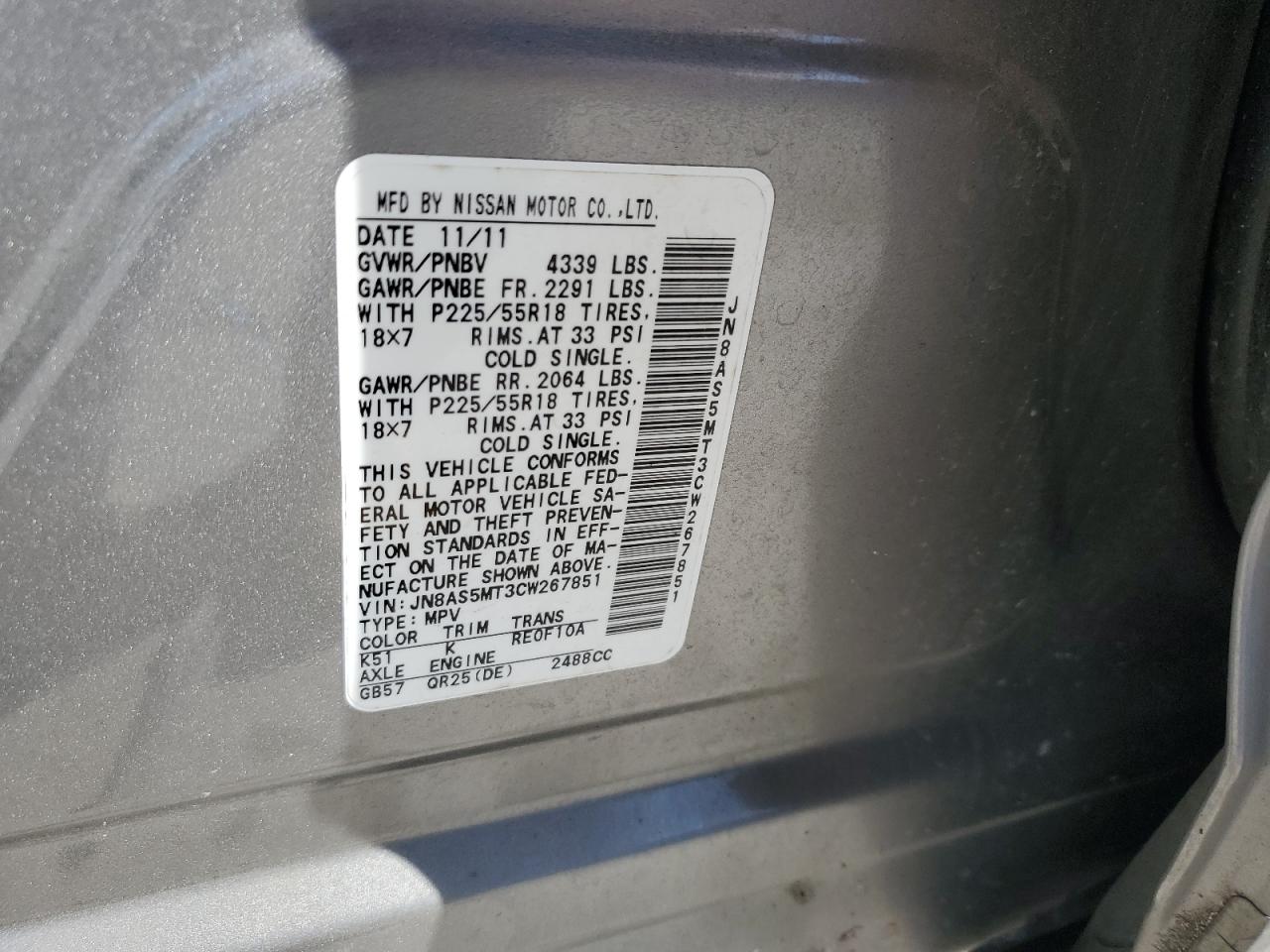 2012 Nissan Rogue VIN JN8AS5MT3CW267851 Copart auction photo, burn damage thumbnail 13