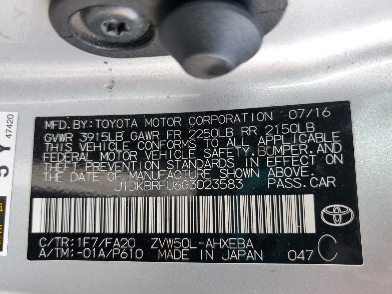 2016 Toyota Prius VIN JTDKBRFU6G3023583 Copart auction photo, front end / side damage thumbnail 13