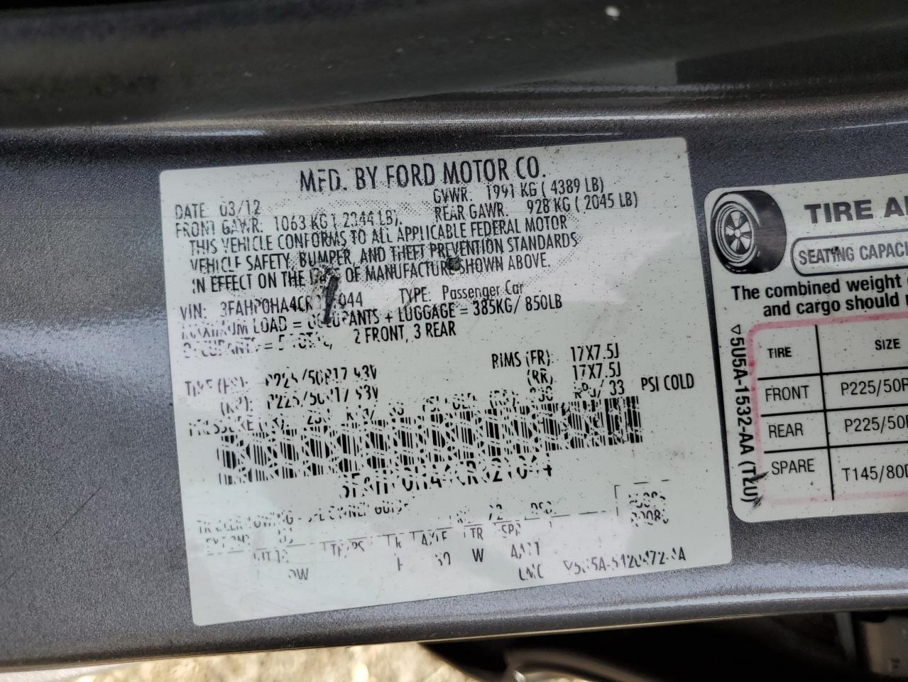 2012 Ford Fusion VIN 3FAHP0HA4CR321044 Copart auction photo, front end damage thumbnail 12
