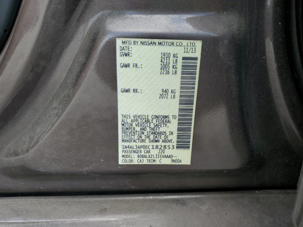 2014 Nissan Altima VIN 1N4AL3AP0EC182853 Copart auction photo, rear end / minor dent/scratches damage thumbnail 14