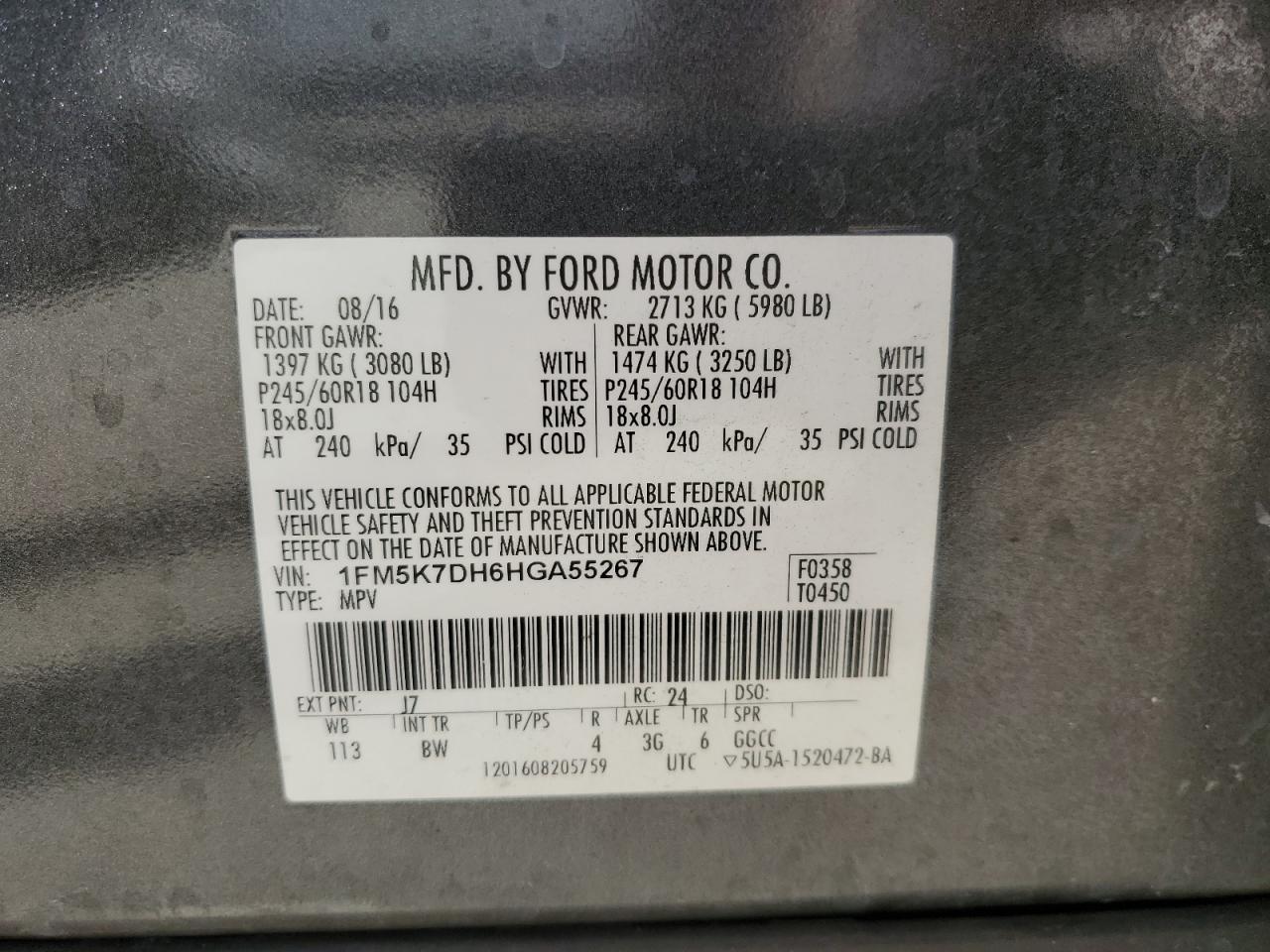 2017 Ford Explorer VIN 1FM5K7DH6HGA55267 Copart auction photo, rear end damage thumbnail 13