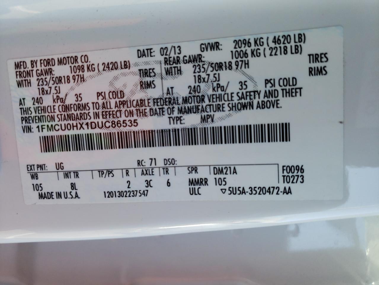 2013 Ford Escape VIN 1FMCU0HX1DUC86535 Copart auction photo, front end damage thumbnail 13