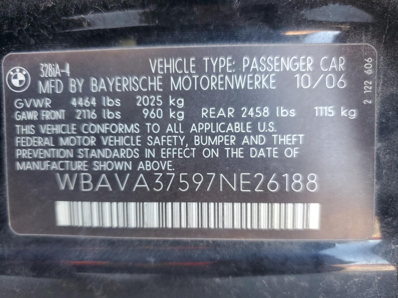 2007 BMW 3er VIN WBAVA37597NE26188 Copart auction photo, side damage thumbnail 12