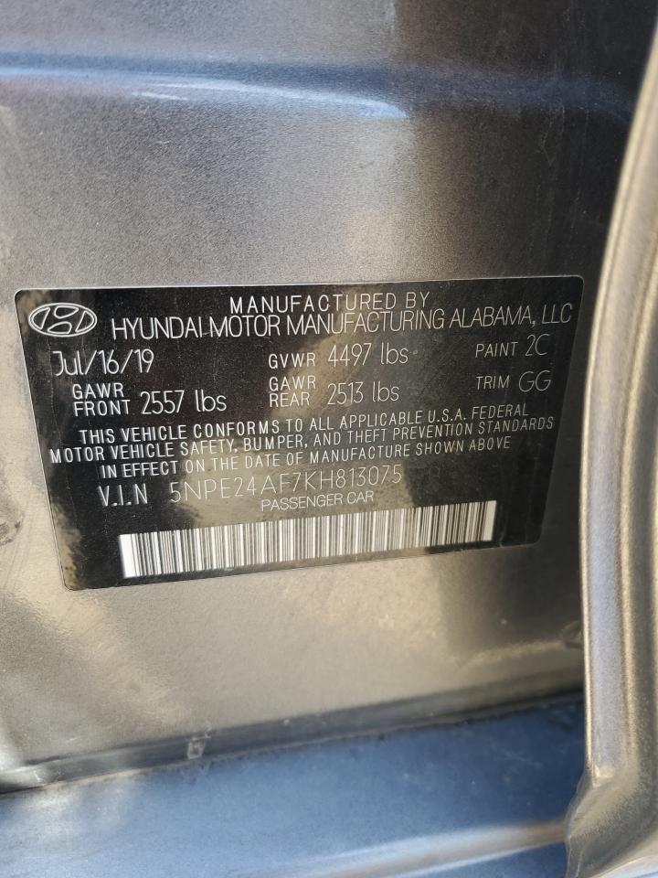 2019 Hyundai Sonata VIN 5NPE24AF7KH813075 Copart auction photo, front end / side damage thumbnail 14