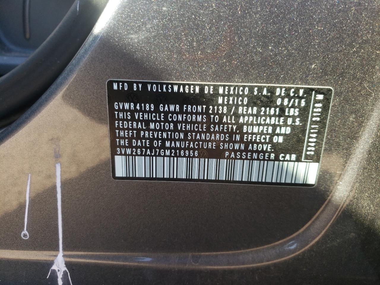 2016 Volkswagen Jetta VIN 3VW267AJ7GM216956 Copart auction photo, side damage thumbnail 12