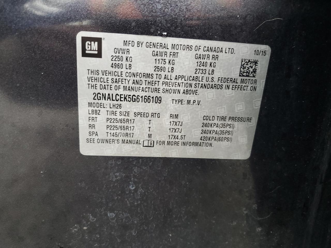 2016 Chevrolet Equinox VIN 2GNALCEK5G6166109 Copart auction photo, front end / side damage thumbnail 15