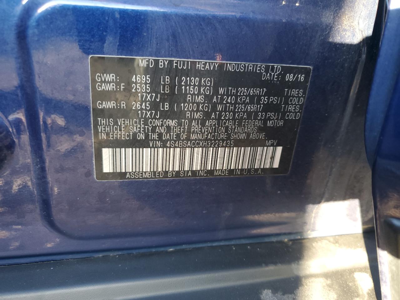 2017 Subaru Outback VIN 4S4BSACCXH3229435 Copart auction photo, front end damage thumbnail 14