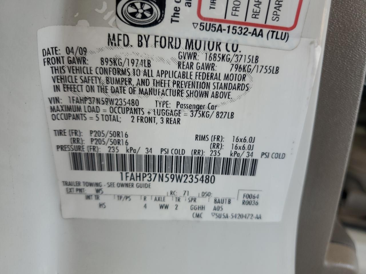 2009 Ford Focus VIN 1FAHP37N59W235480 Copart auction photo, rear end / minor dent/scratches damage thumbnail 12